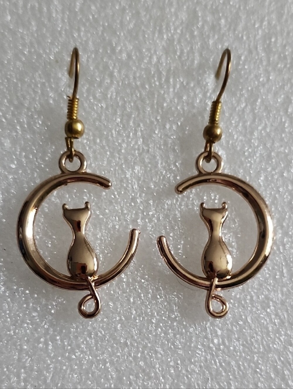 Hand Crafted Gold Cat Crescent Drop Earrings